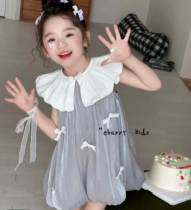 500101夏季新款2025女童宝宝甜美气质百搭娃娃领无袖蝴蝶结连衣裙