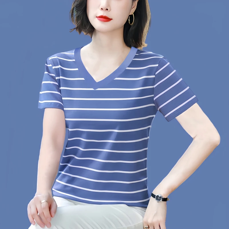 夏装新款半袖洋气宽松百搭条纹上衣宽松型显瘦T恤夏季女士休闲装