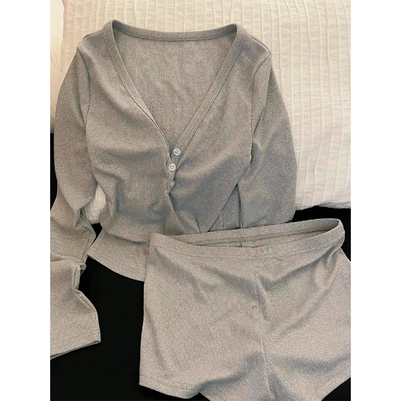 韩系简约高级感纯色睡衣女夏季新款长袖短裤家居服两件套装可外穿