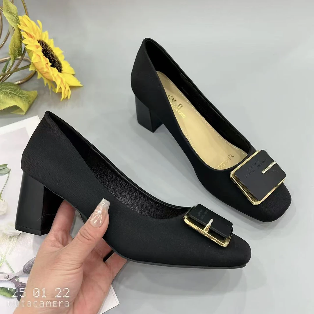 767-7 新款法式浅口高跟鞋女粗跟方头百搭单鞋