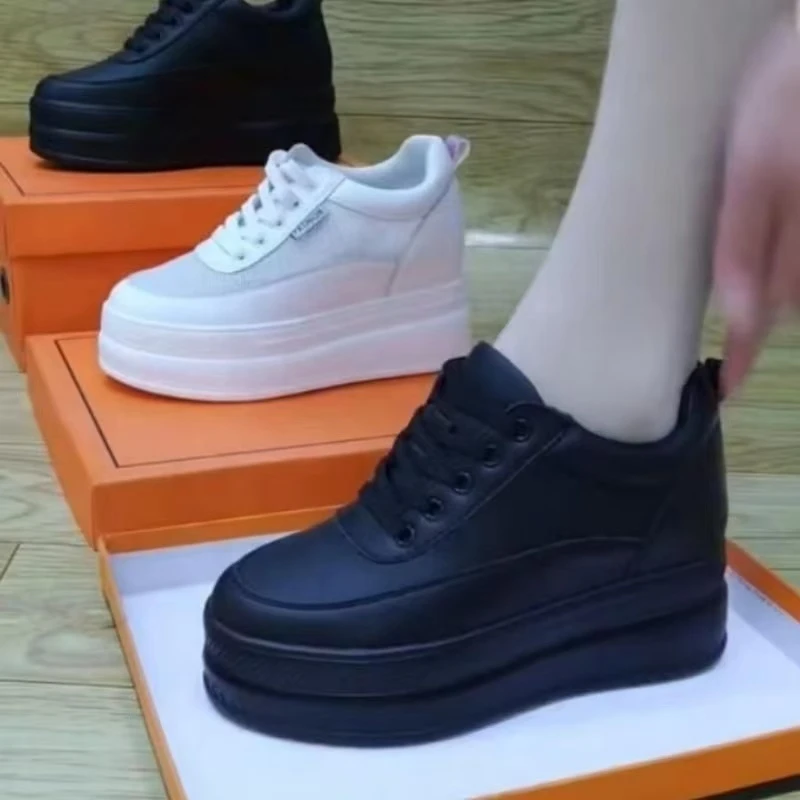 软皮内增高女鞋10cm增高春季单鞋小个子松糕鞋厚底小白鞋休闲鞋