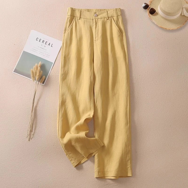 黄色纯亚麻阔腿裤女2025夏薄款新款高腰宽松小个子裤子九分直筒裤