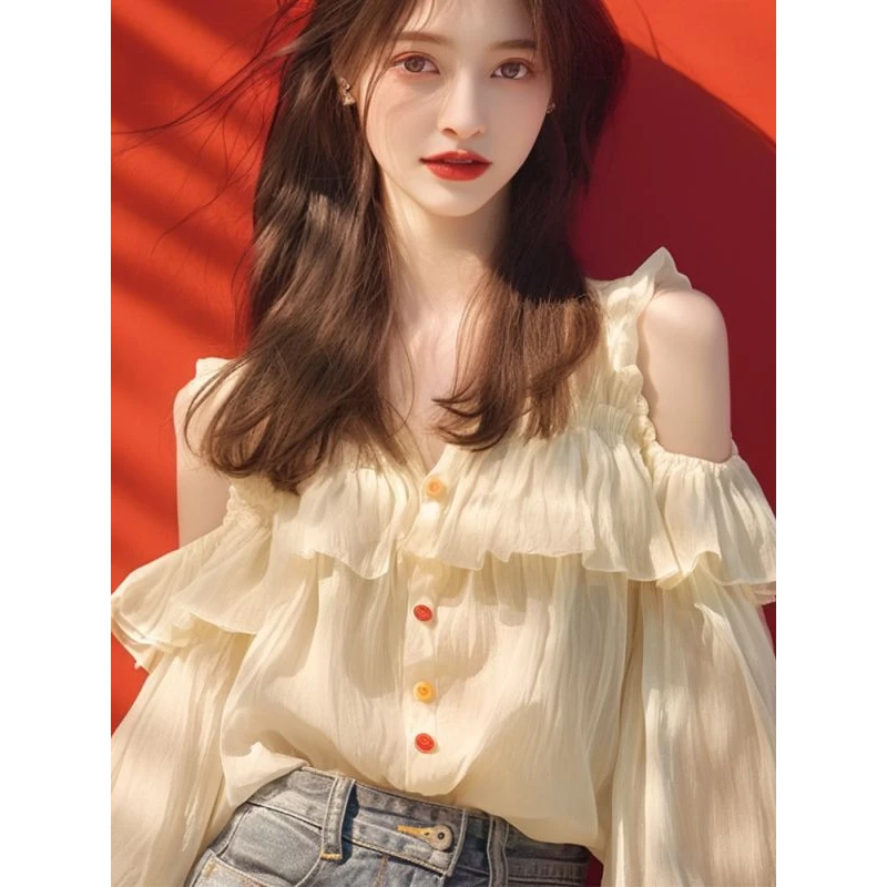 【店铺热销】今年流行漂亮雪纺衫女夏季荷叶边高级感挖肩法式衬衫娃
