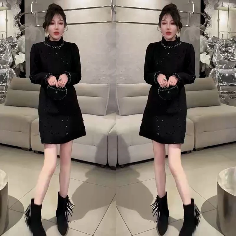 连衣裙气质新款2025高级重工时尚显瘦长袖香风亮片简约裙子洋气女