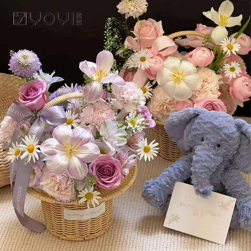 优艺 礼帽花篮藤条手工篮子插花藤草编织花篮鲜花包装diy手提篮