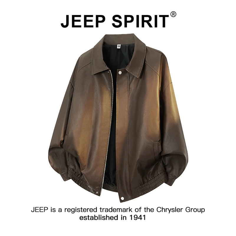 JEEPSPIRIT吉普美式复古PU翻领皮衣夹克男秋季新款美拉德机车外套
