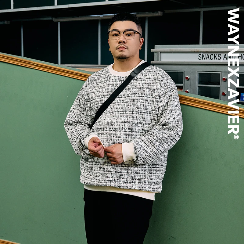 韦恩泽维尔加肥加大宽松大码男冬圆领小香风提花气质休闲卫衣9272