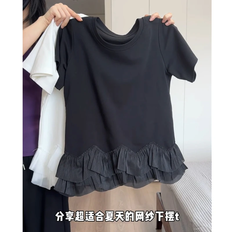 特大码200斤港风小众花边下摆设计感正肩圆领显瘦短袖t恤女夏季潮