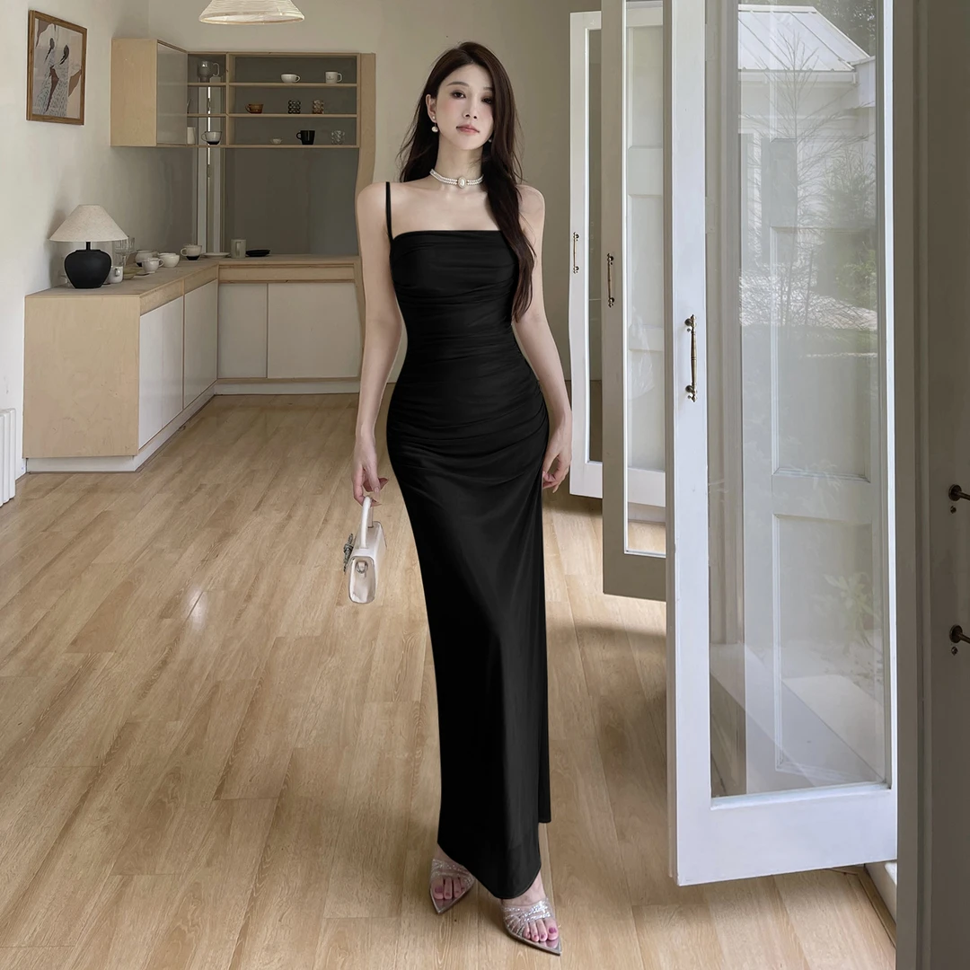 【运补6-8r】御姐风性感微透吊带连衣裙女夏季新款收腰显瘦网纱长裙