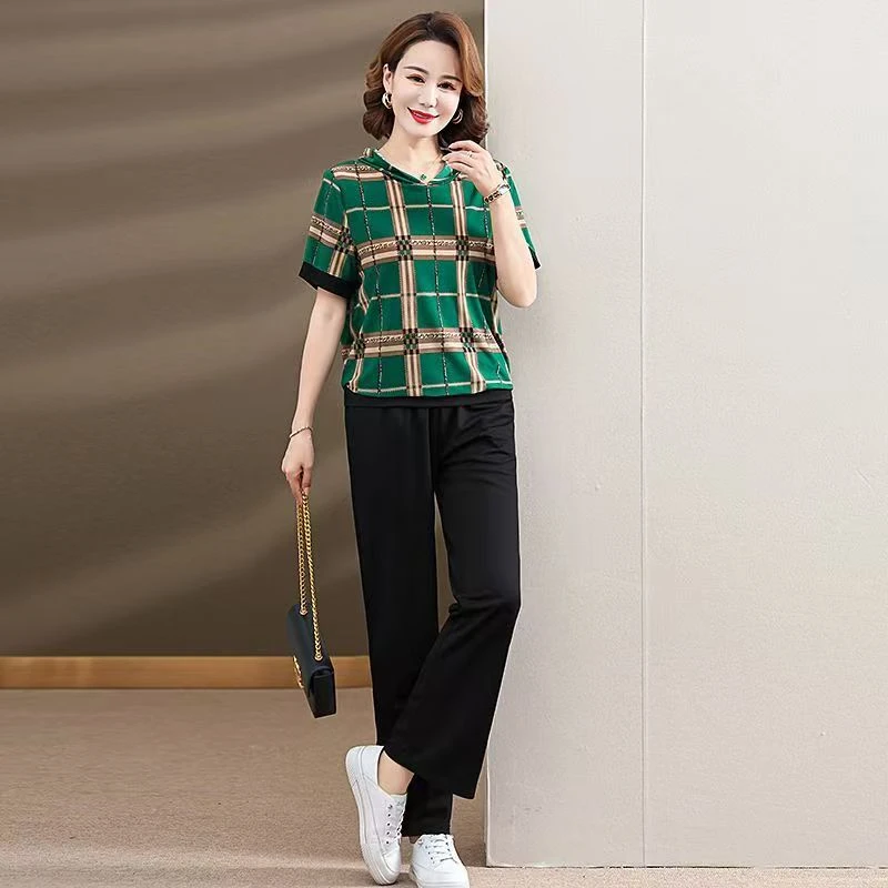 10412-中老年女妈妈夏季时尚短袖T恤连帽休闲显瘦时尚套装【G仓】