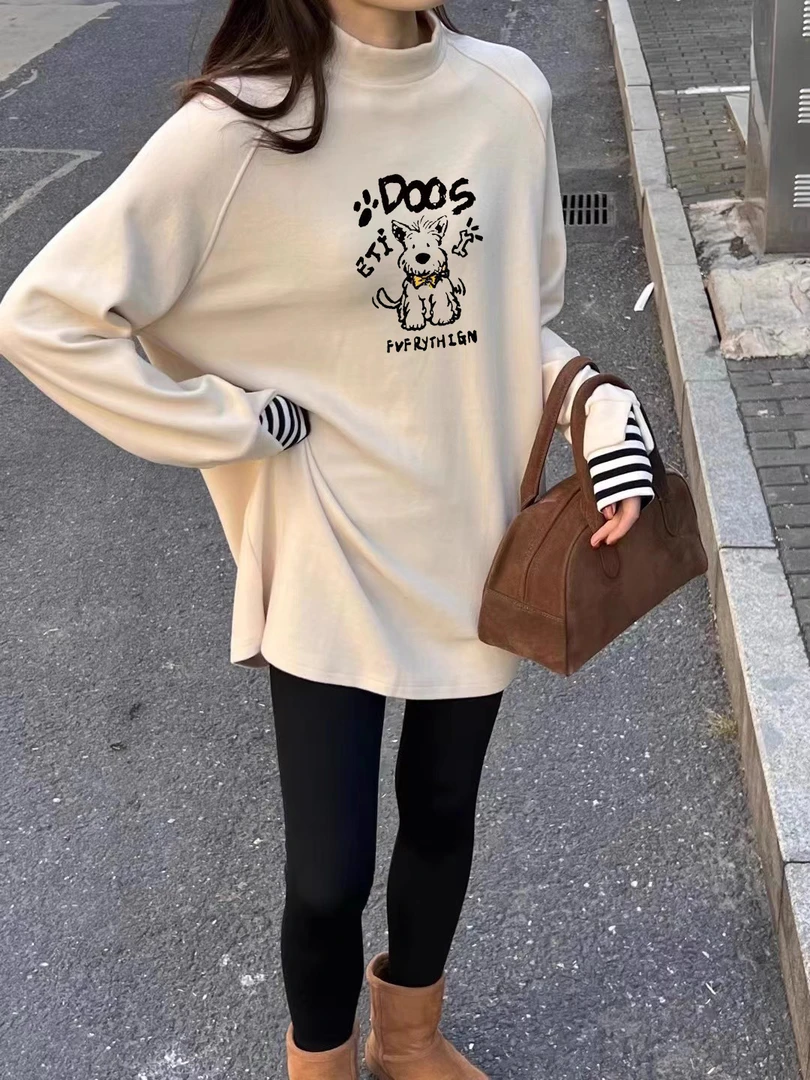 杏色加绒半高领长袖打底衫女内搭2024秋冬新款宽松中长款上衣外穿