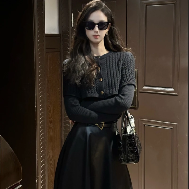 拉夏贝尔/25秋冬新款复古气质优雅针织高腰上衣+半身裙 10201 LHD