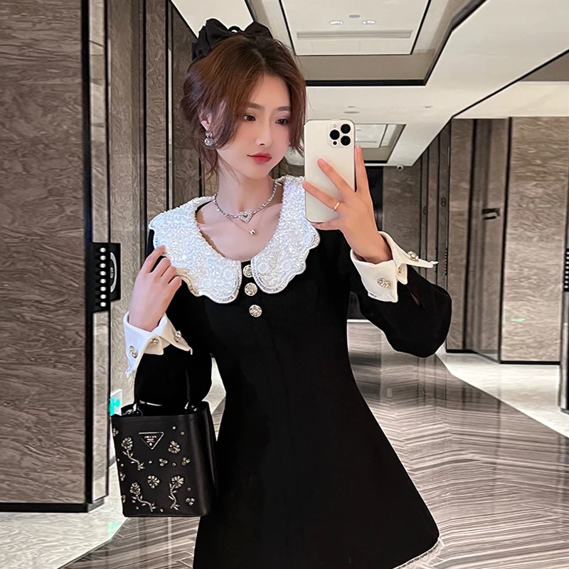 CHICHEN-《心动99次》法式气质重工钻片领连衣裙