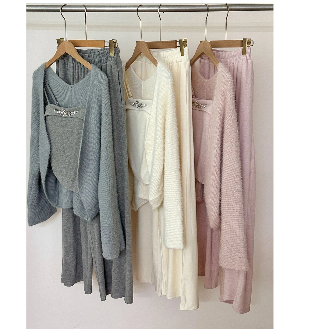 秋冬亮钻纯色感韩版简约设计感气质百搭收腰显瘦女装吊带长裤开衫