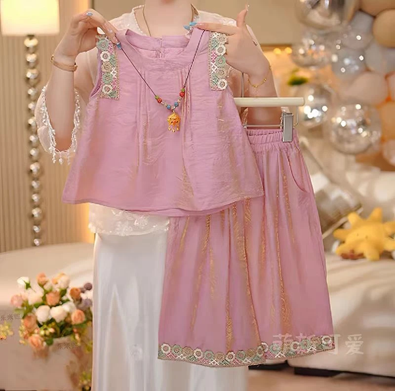 女童刺绣娃娃衫九分裤套装夏季2025新款珠光冰丝无袖超薄阔腿裤潮