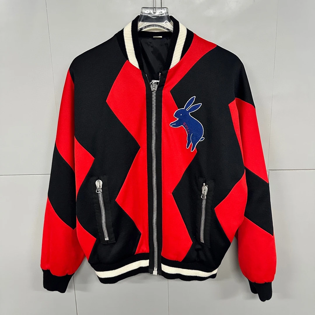 99新 GUCCI/古驰 贴布绣兔黑红拼色棒球服外套 XS码 D19687