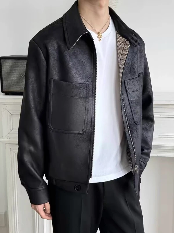 千鸟格外套男春秋双面穿设计高级感美式复古翻领短款猎装皮衣夹克