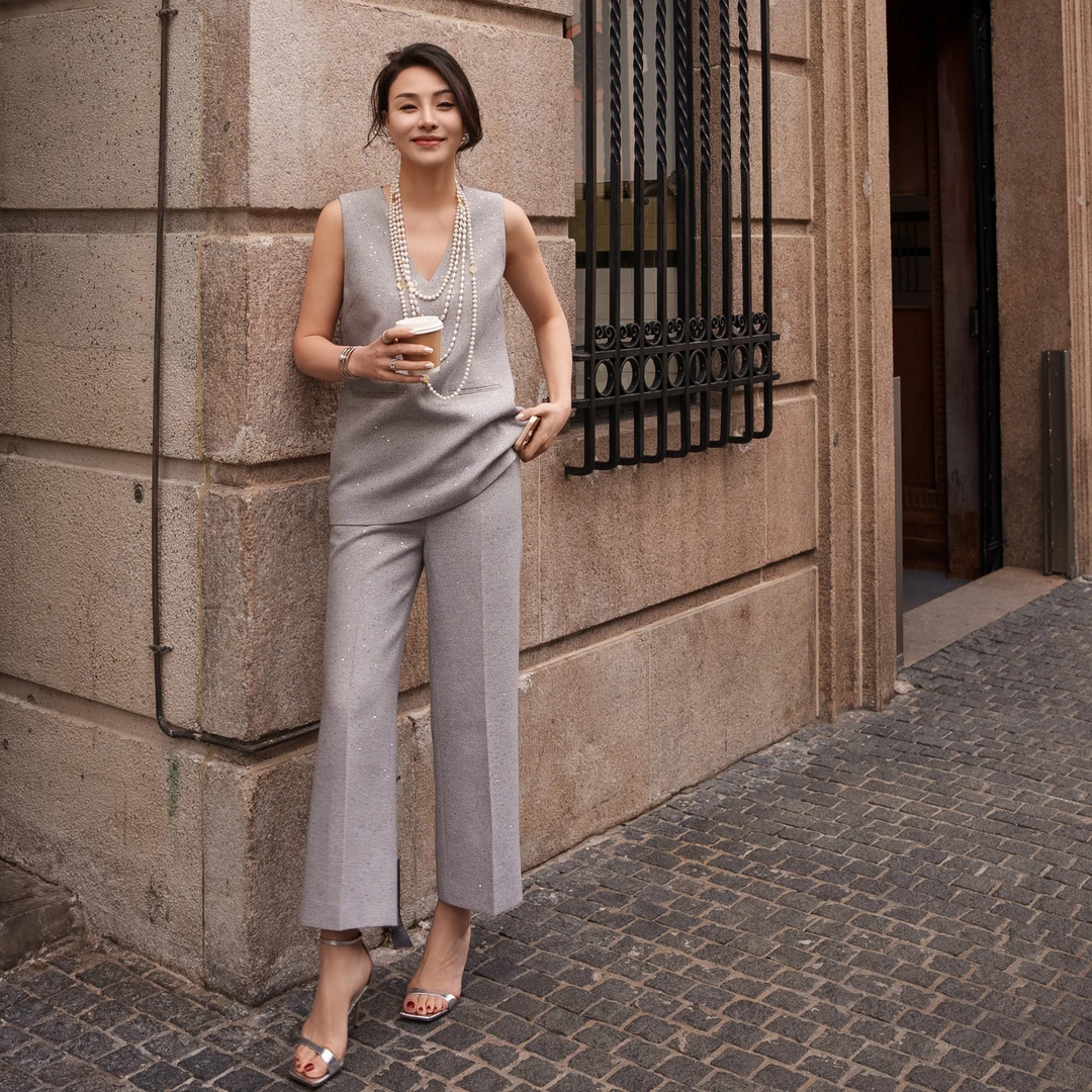 【余书】“碎星”亮片斜纹直筒显瘦轻奢百搭休闲裤Y303551