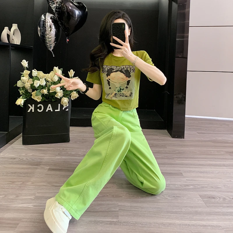 2025夏季减龄一整套穿搭女俏皮可爱短袖T恤炸街阔腿牛仔裤两件套
