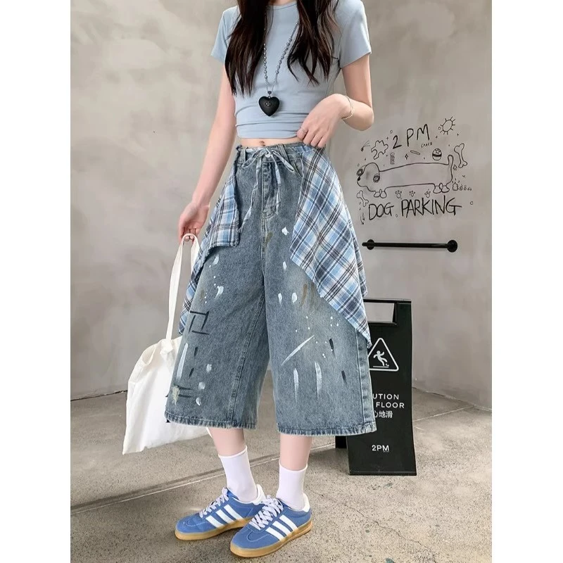 美式做旧泼墨设计感七分牛仔裤女夏季新款小众百搭宽松显瘦直筒裤
