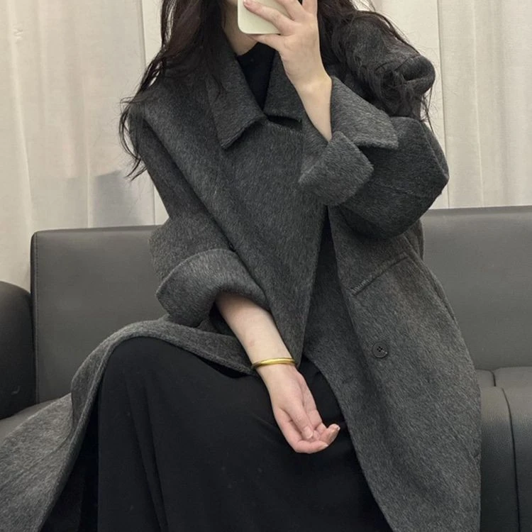 女士长款双面羊绒大衣秋冬新款宽松过膝气质高级呢外套