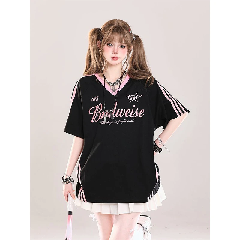 潮牌美式复古字母刺绣撞色V领纯棉短袖T恤女夏季宽松百搭半袖上衣