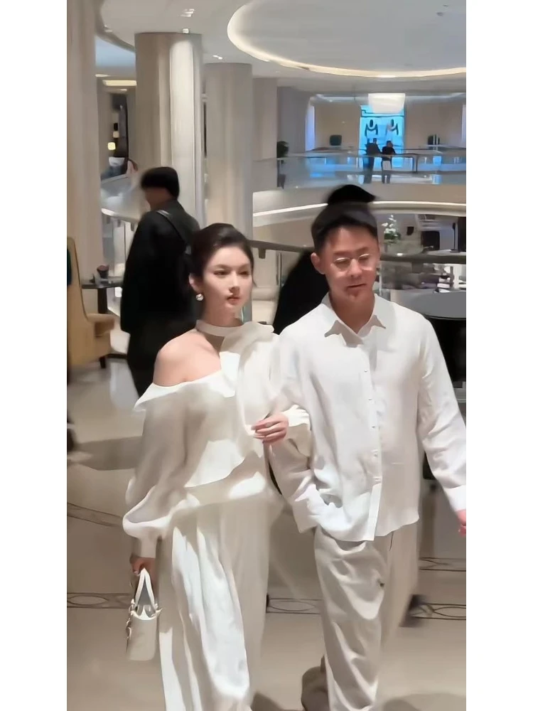 法式设计感露肩挂脖一字肩斜肩衬衫上衣女+高腰宽松阔腿裤两件套