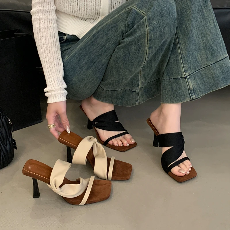 2025夏季新款女神范方头气质高跟凉鞋女外穿一字带细跟露趾半拖鞋