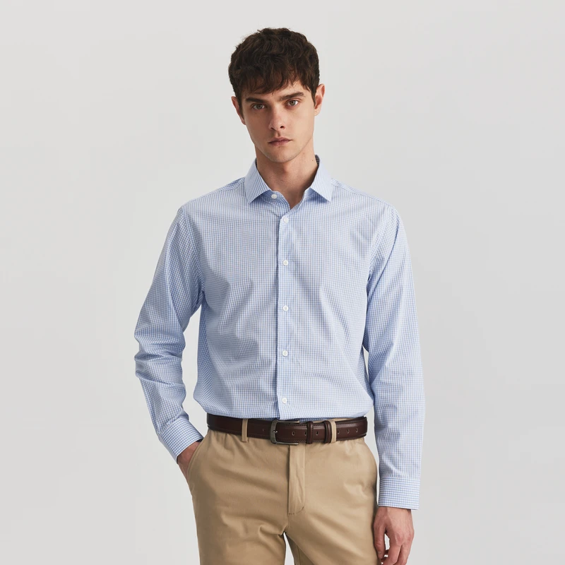 SCOFIELD男装春季新款蓝色格子通勤新疆棉全棉长袖舒适衬衫