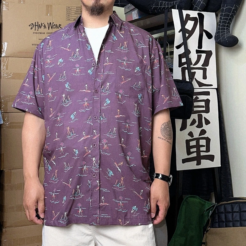 出老美夏威夷沙滩风 小众复古男女夏季满花宽松短袖衬衫有大码