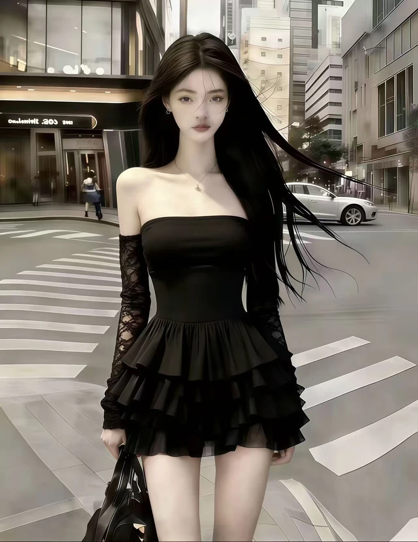 2026时尚新款纯欲性感小黑裙女黑色一字肩露肩抹胸长袖收腰连衣裙