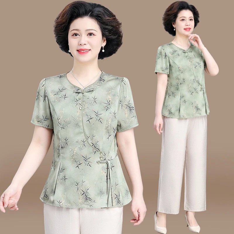 妈妈夏装新中式国风套装短袖T恤2025新款中老年人夏季衬衫上衣女