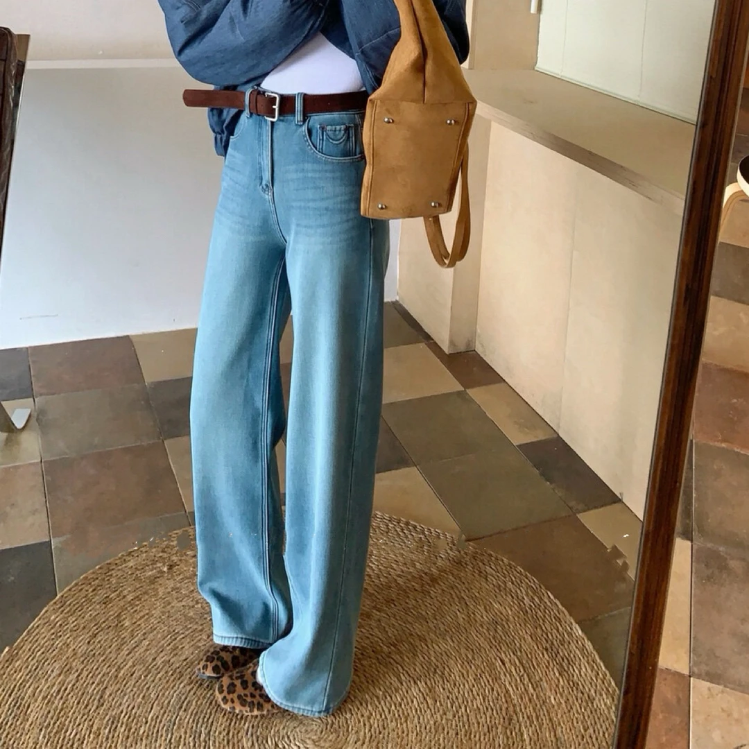 HX2G秋冬新款加绒浅色直筒窄版阔腿牛仔裤百搭舒适直筒牛仔显瘦