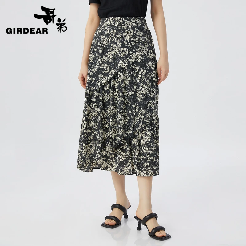 哥弟 高腰垂感轻薄凉爽飘逸伞裙夏款黑色休闲通勤半身裙1200318