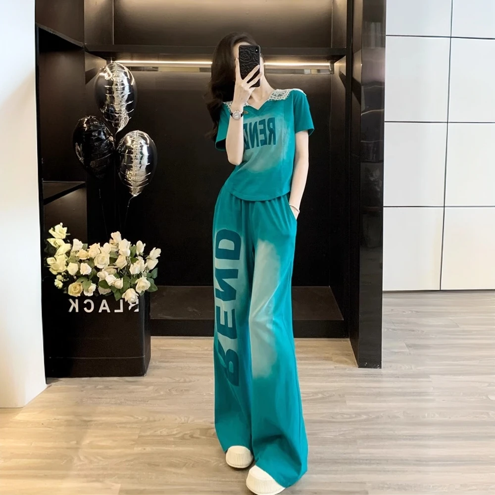 夏季网红洋气炸街女装显瘦宽松休闲时尚运动两件套装短袖阔腿裤女