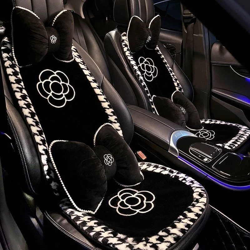 汽车坐垫冬季毛绒千鸟格山茶花女神加热保暖坐垫车载通用坐垫耐脏