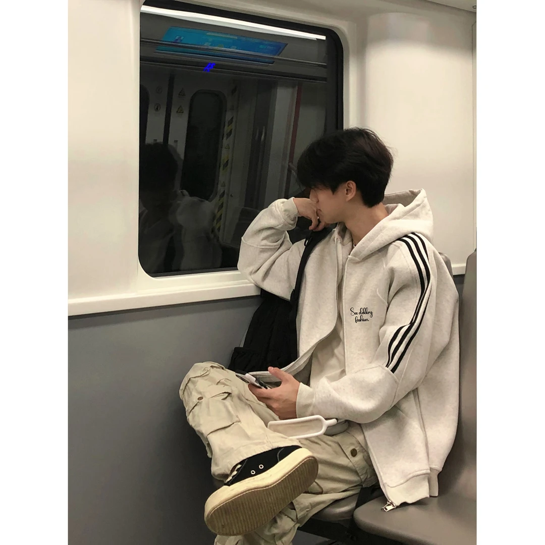 美式创意个性字母印花开衫连帽卫衣男女秋冬三条杠百搭休闲外套