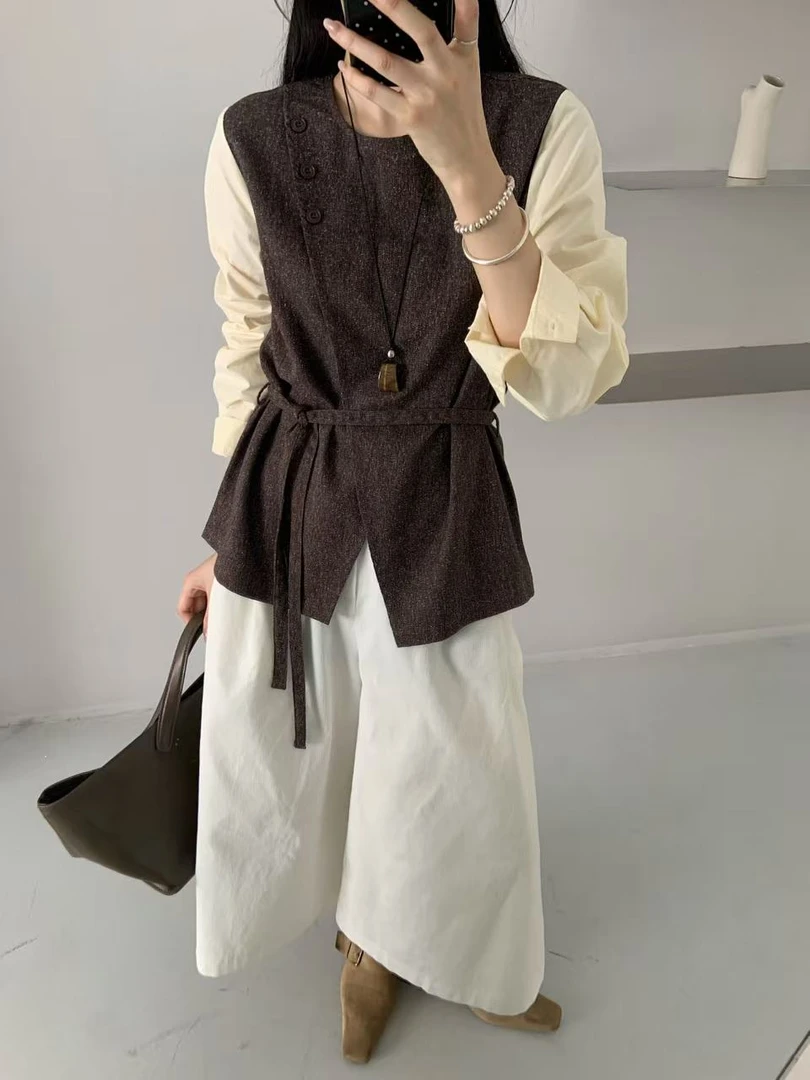 5100法式假两件衬衫女2025秋季显卡撞色拼接斜襟设计时髦气质衬衣