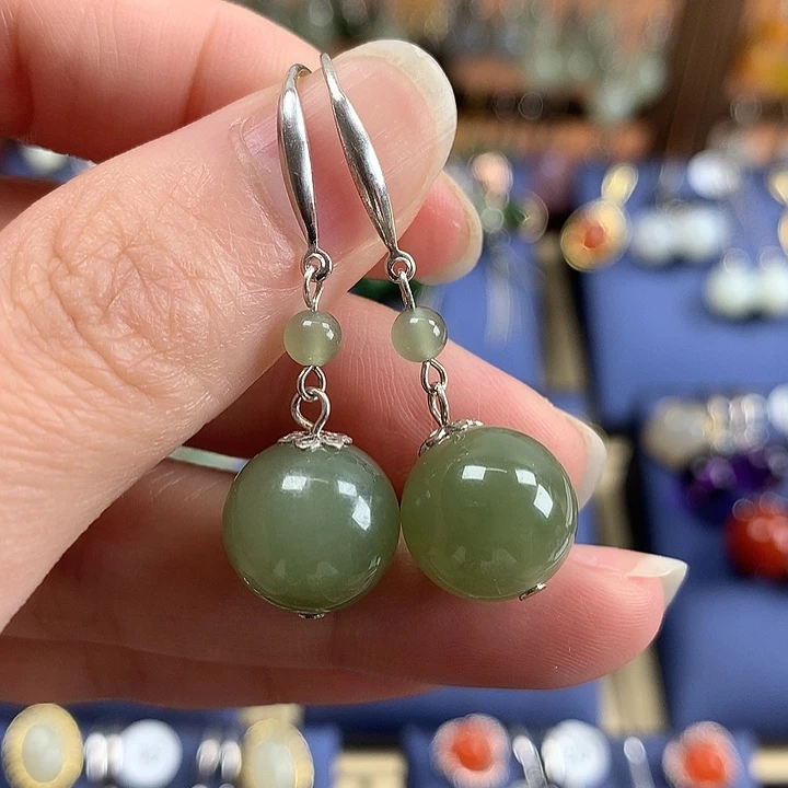 和田玉银S925镶嵌耳饰12左右晴水绿