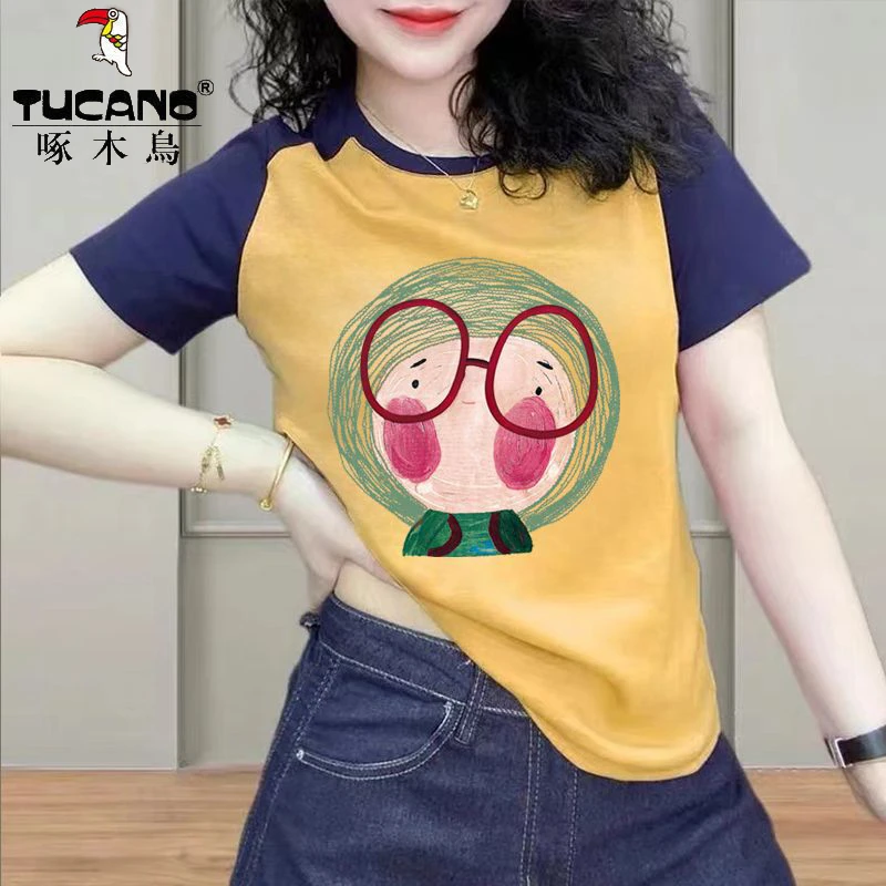 啄木鸟正品夏季薄款纯棉短袖t恤女时尚圆领上衣2025年新款设计感