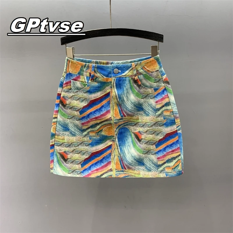 GPTVSE高腰牛仔半身短裙女夏季2025新款显瘦a字裙印花辣妹包臀裙