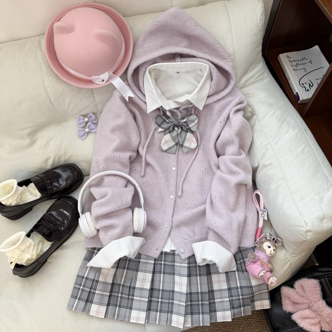 (水)东临社原创正版jk制服粉白色格秋冬新款毛衣连帽外套格裙套装