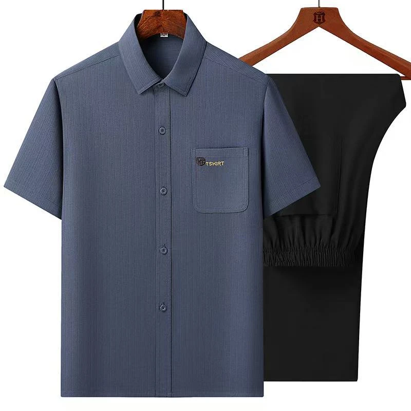 夏季爷爷薄款衬衫  中老年短袖爸爸宽松冰丝麻料套装