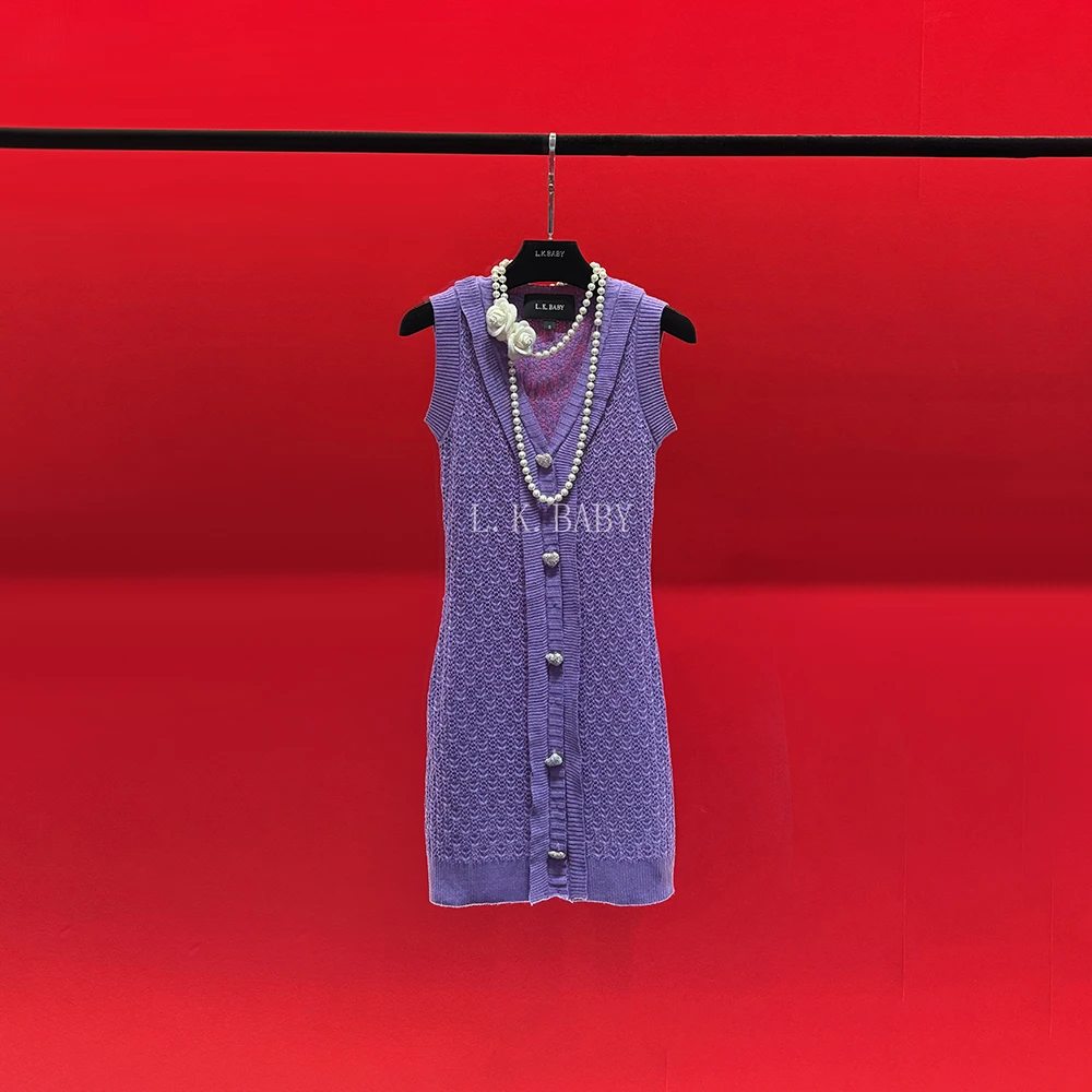 【L.K.BABY】紫属于你  纯欲性感别致V领镂空显瘦针织裙