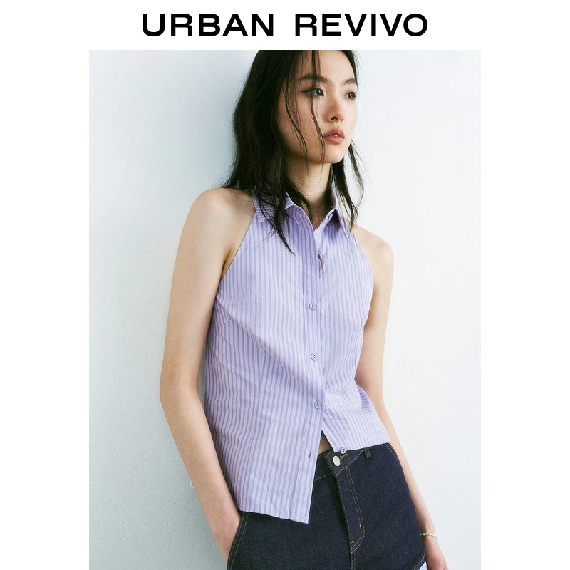 UR2025夏季新款女装撞色条纹系带无袖开襟衬衫UYU250043