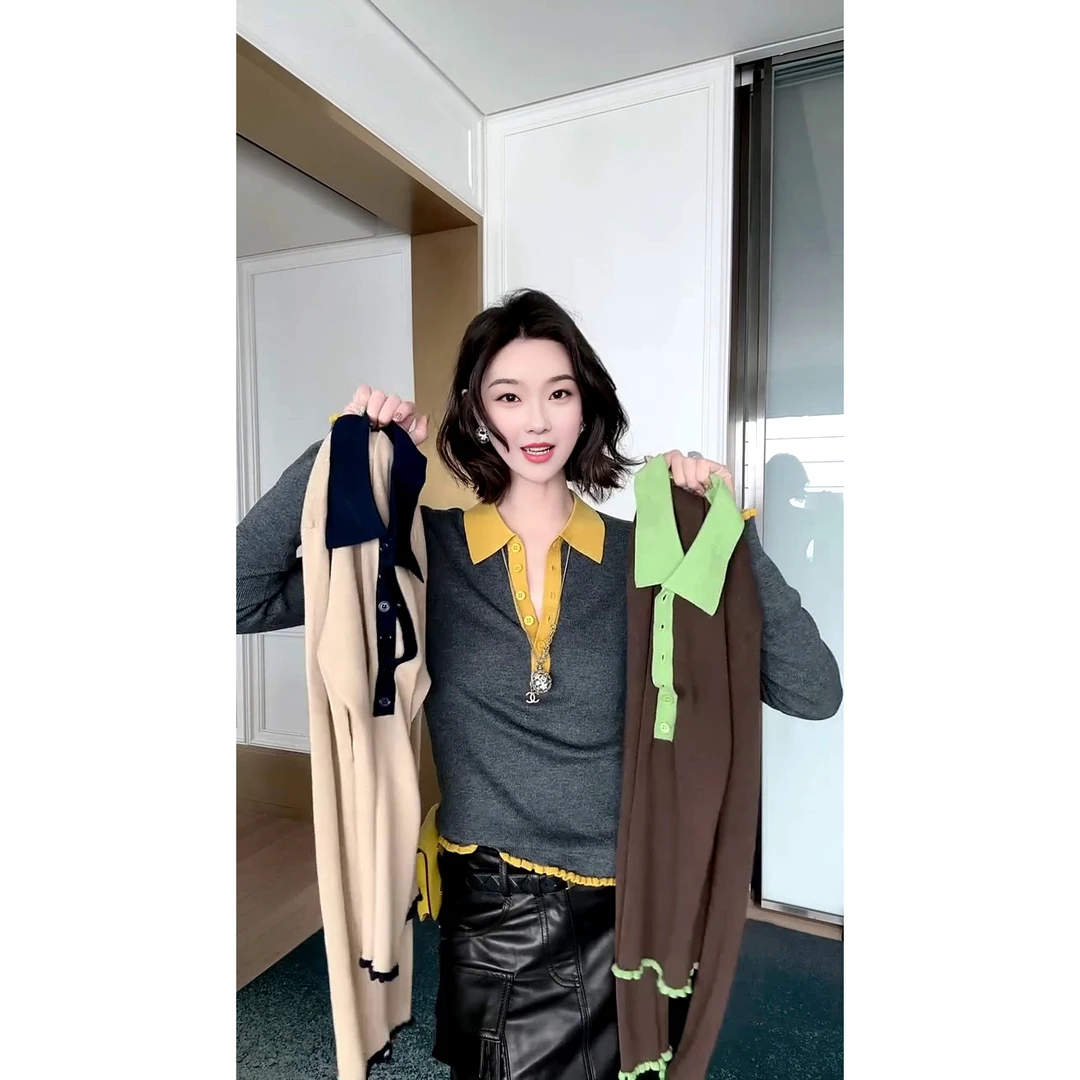 欧韩秋季新款撞色气质时尚POLO长袖拼接修身显瘦百搭针织衫上衣女