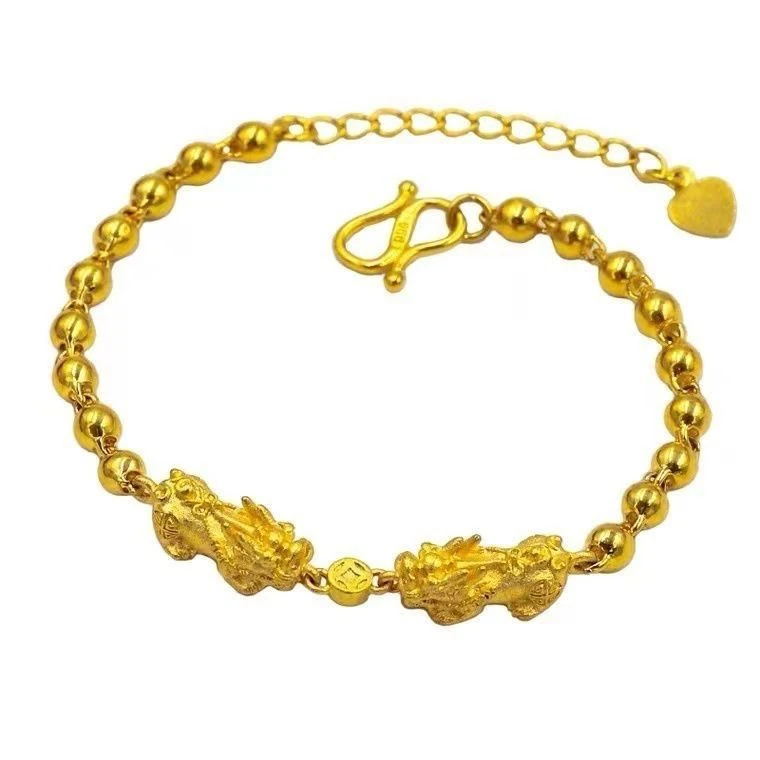 5mm双貔貅圆珠手链光面转运珠铜币首饰情侣送礼物仿金貔貅手链