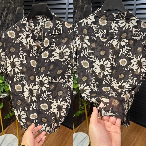 6784古巴领男士休闲夏款薄料修身小衫夏季