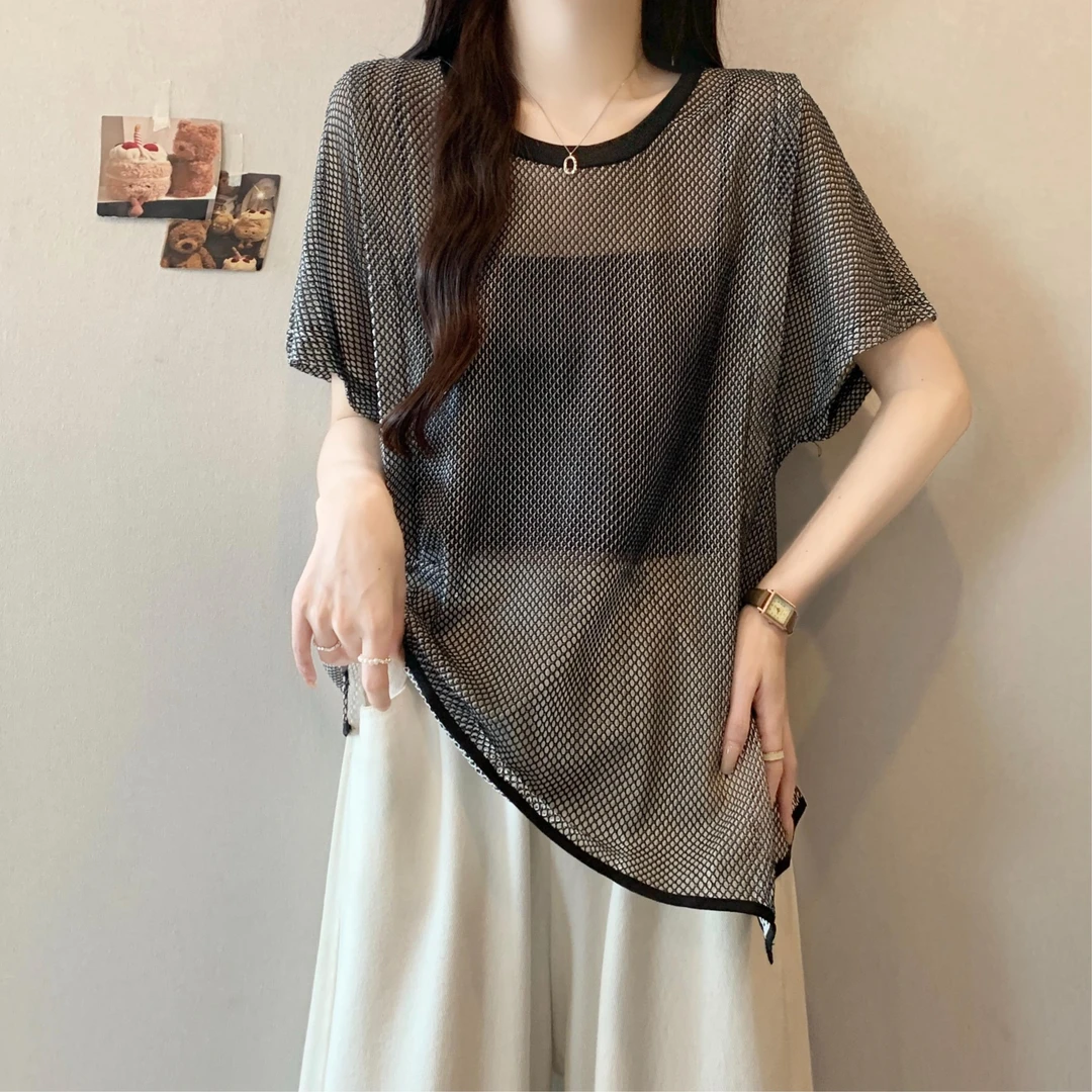 灰色薄款镂空正肩短袖T恤女2025夏大码胖妹妹设计感不规则罩衫上