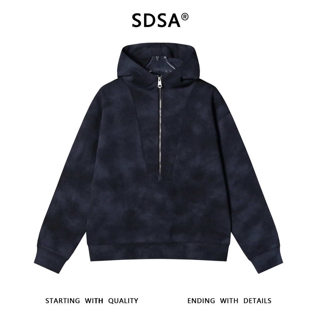 SDSA男士秋冬新款痞帅男装潮牌扎染半拉链连帽卫衣时尚百搭上衣
